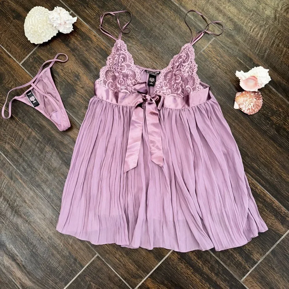 Victoria’s Secret Lavender Lace Babydoll Nightie Set– Size M